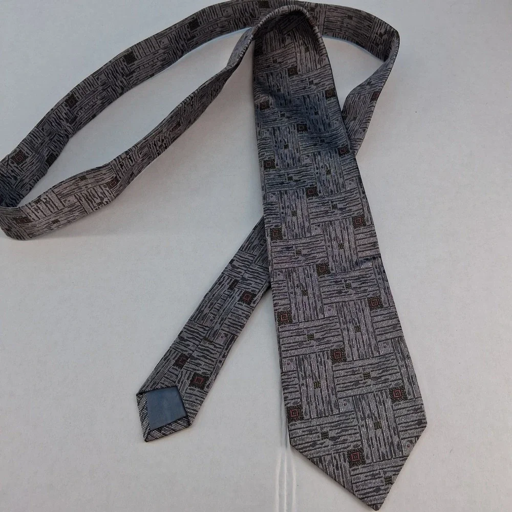 Japanese Necktie Mens OS Grey Geometric Abstract Woven Silk Classic